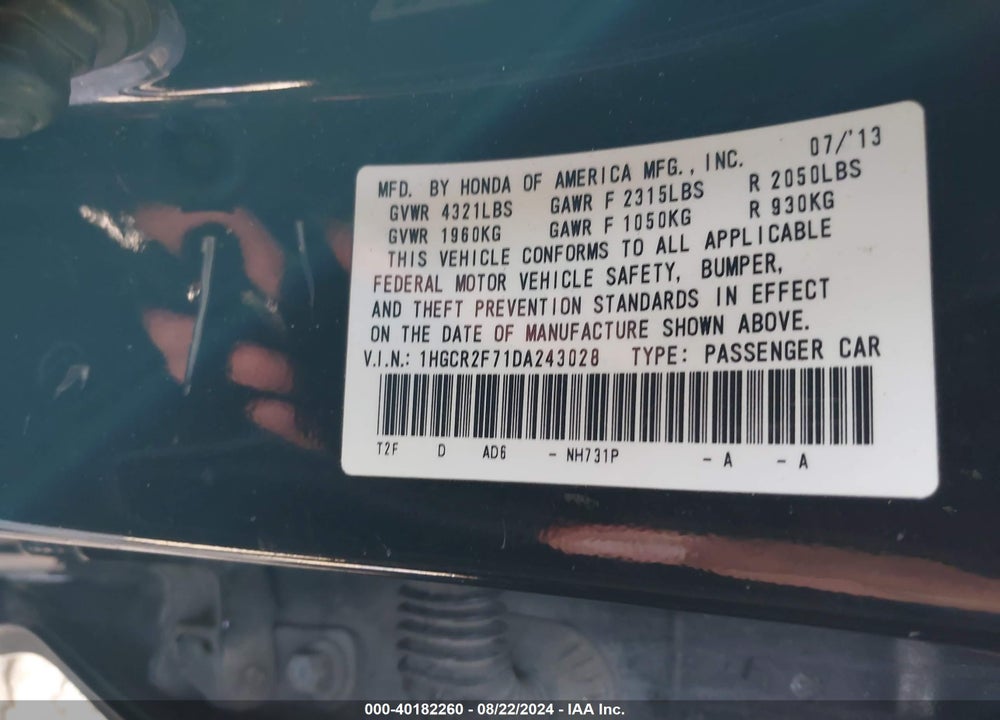 2013 HONDA ACCORD EX VIN: 1HGCR2F71DA243028