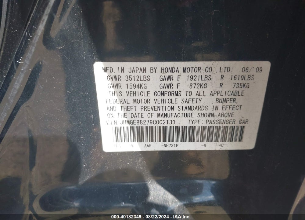 2009 HONDA FIT VIN: JHMGE88279C002133