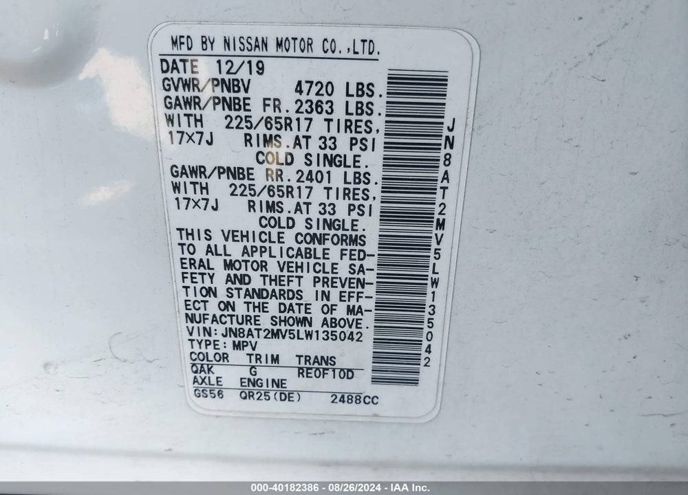 2020 NISSAN ROGUE S INTELLIGENT AWD VIN: JN8AT2MV5LW135042
