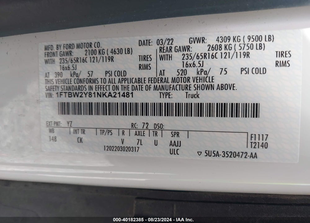 2022 FORD TRANSIT-350 VIN: 1FTBW2Y81NKA21481