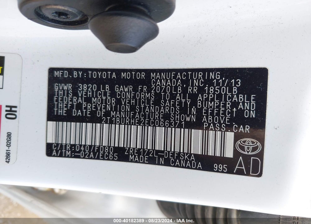 2014 TOYOTA COROLLA VIN: 2T1BURHE2EC066371
