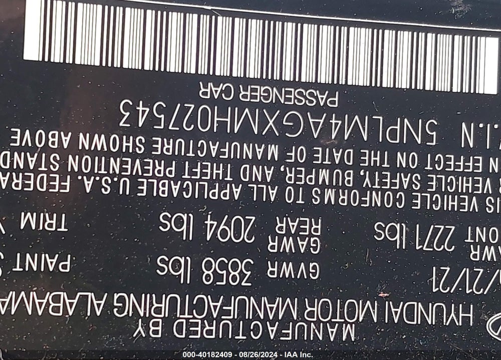 2021 HYUNDAI ELANTRA SEL VIN: 5NPLM4AGXMH027543