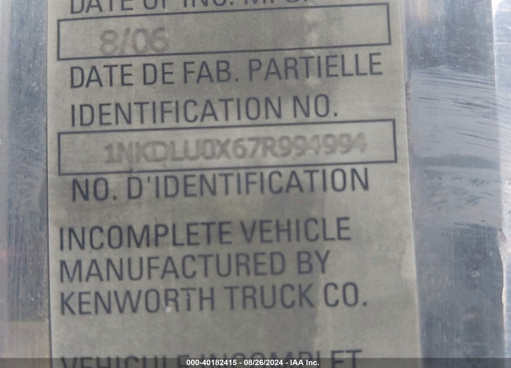 2007 KENWORTH T800 T800 VIN: 1NKDLU0X67R994994
