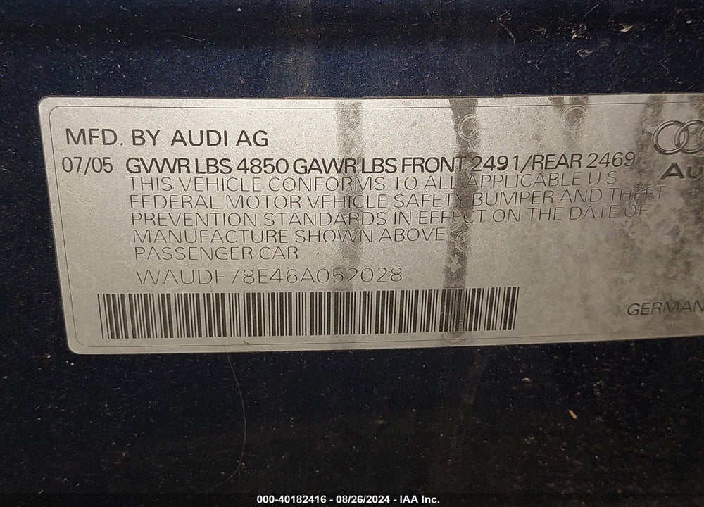2006 AUDI A4 2.0T VIN: WAUDF78E46A052028