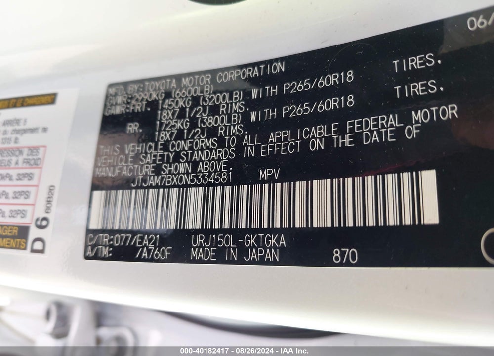 2022 LEXUS 460 PREMIUM VIN: JTJAM7BX0N5334581
