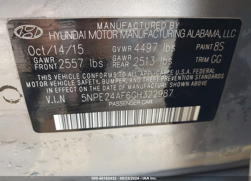 2016 HYUNDAI SONATA SE VIN: 5NPE24AF6GH322987