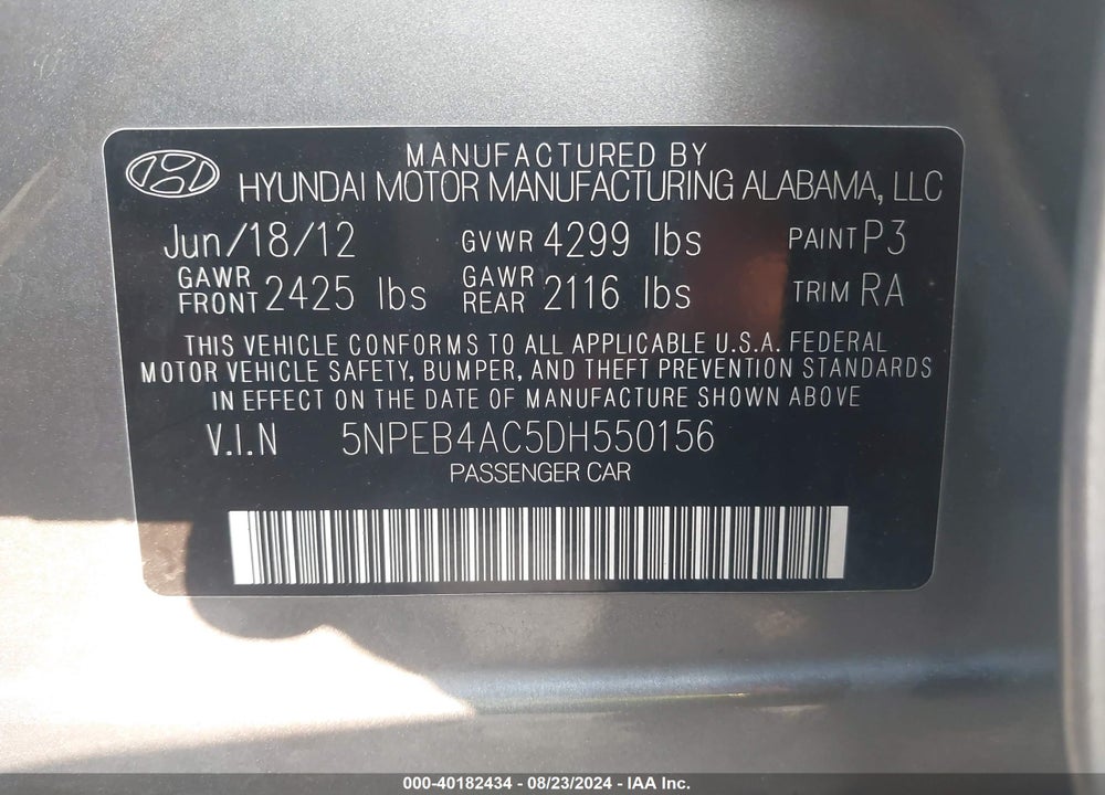 2013 HYUNDAI SONATA GLS VIN: 5NPEB4AC5DH550156