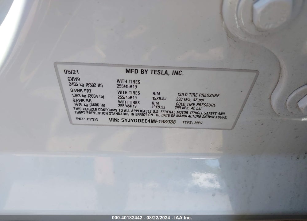 2021 TESLA MODEL Y LONG RANGE DUAL MOTOR ALL-WHEEL DRIVE VIN: 5YJYGDEE4MF198938
