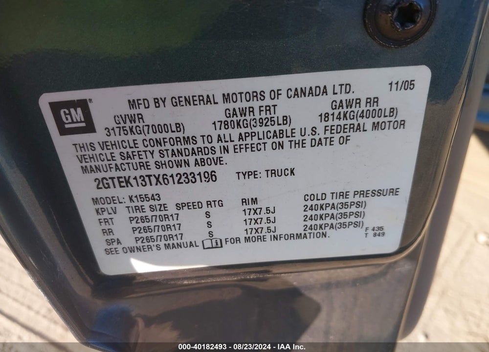 2006 GMC SIERRA 1500 SLT VIN: 2GTEK13TX61233196