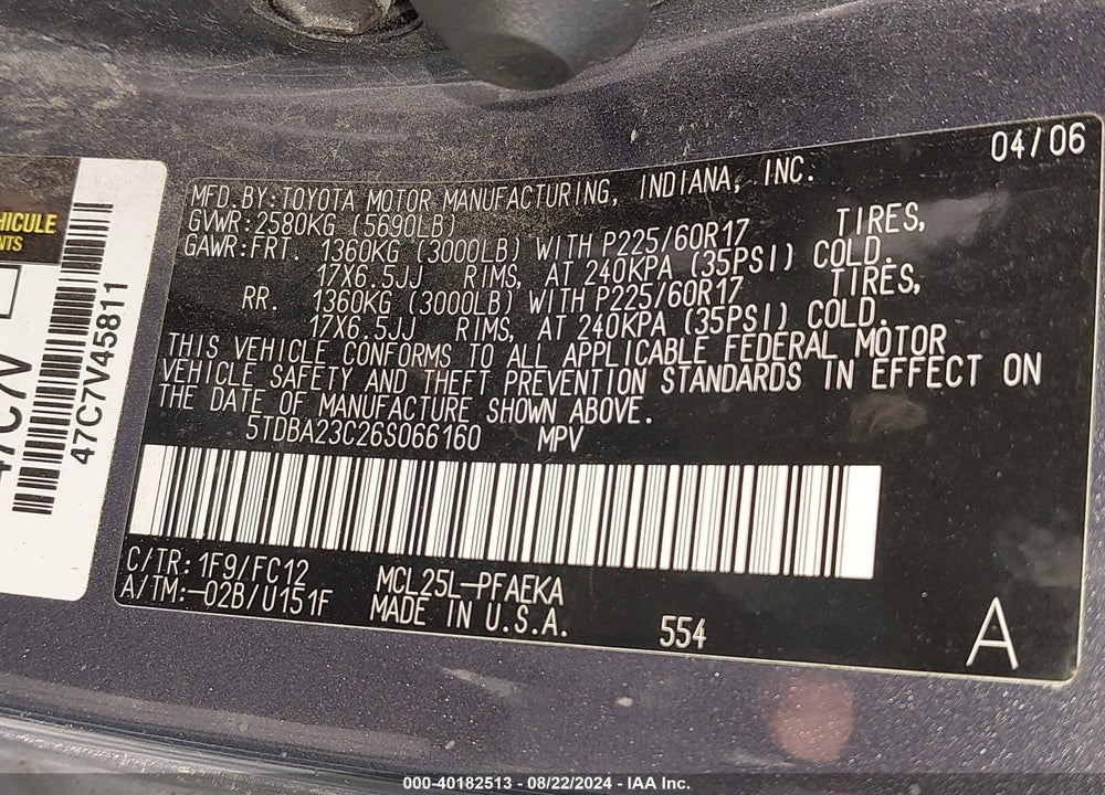 2006 TOYOTA SIENNA LE VIN: 5TDBA23C26S066160