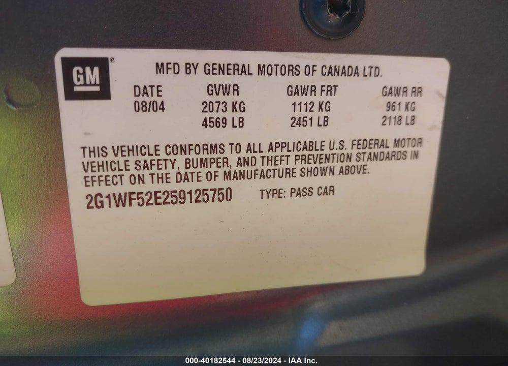 2005 CHEVROLET IMPALA LS VIN: 2G1WH52K759220563