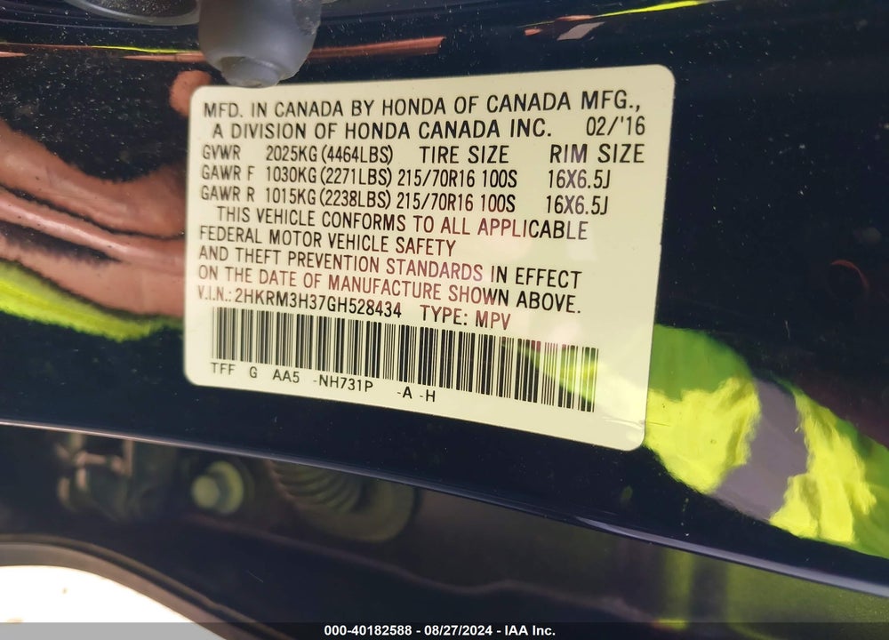 2016 HONDA CR-V LX VIN: 2HKRM3H37GH528434
