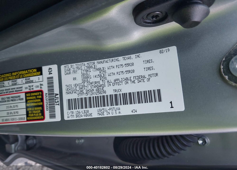 2019 TOYOTA TUNDRA LIMITED 5.7L V8 VIN: 5TFFY5F12KX250298