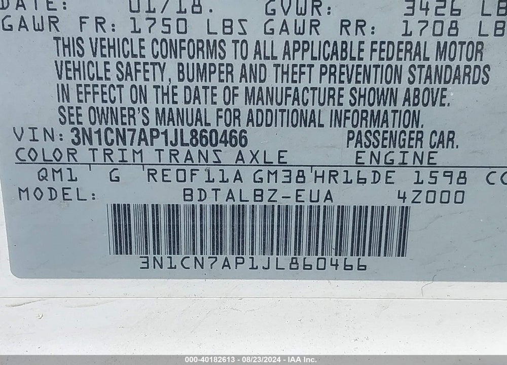 2018 NISSAN VERSA 1.6 SV VIN: 3N1CN7AP1JL860466
