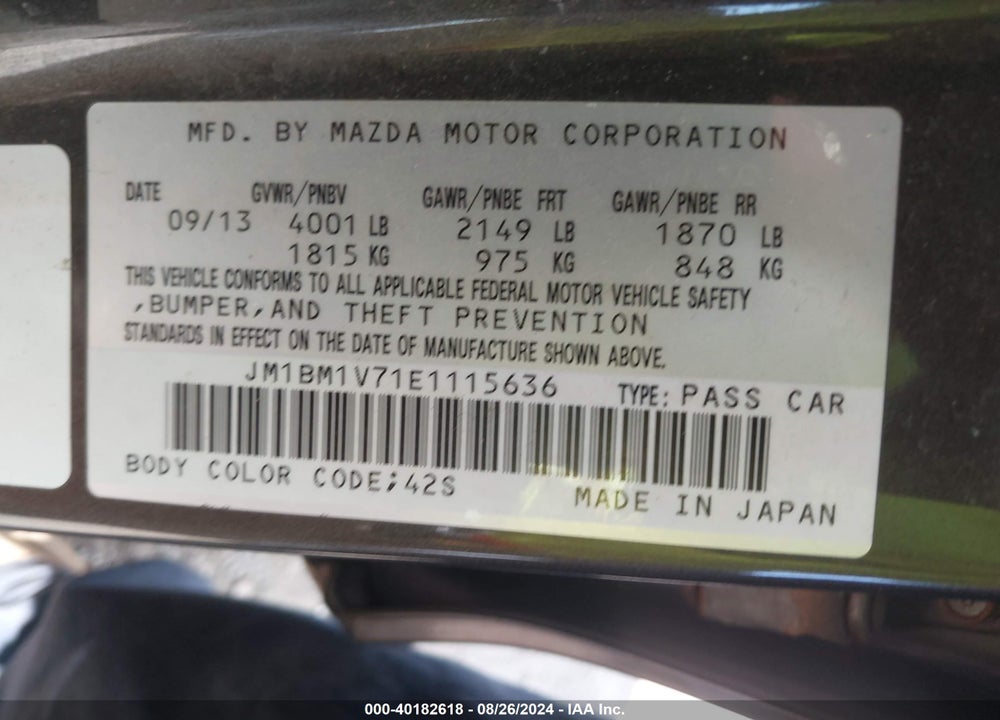 2014 MAZDA 3 I TOURING VIN: JM1BM1V71E1115636