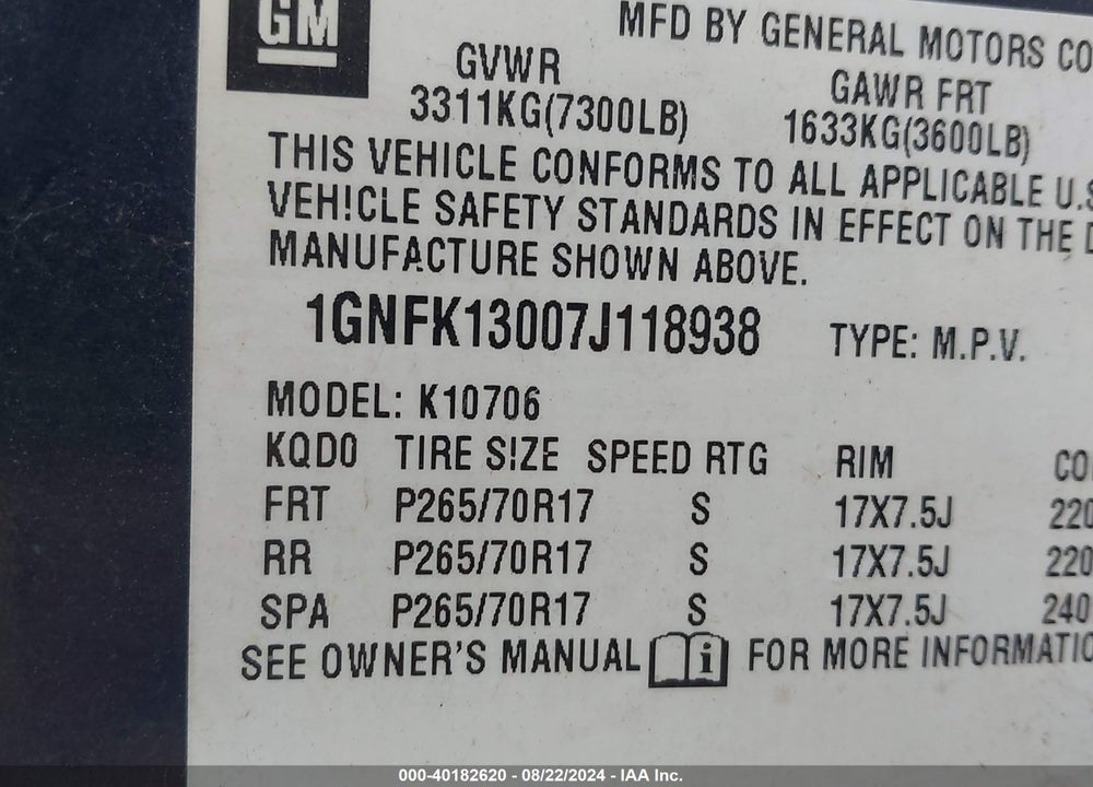 2007 CHEVROLET TAHOE LS VIN: 1GNFK13007J118938
