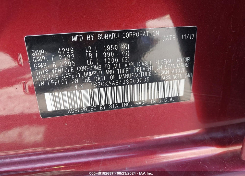 2018 SUBARU IMPREZA VIN: 4S3GKAA64J3609335