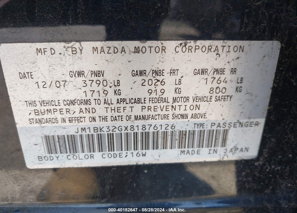 2008 MAZDA 3 I VIN: JM1BK32GX81876126