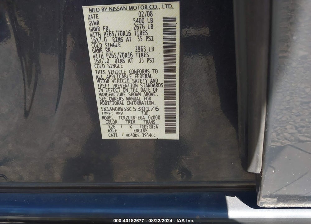 2008 NISSAN XTERRA S VIN: 5N1AN08W58C530176