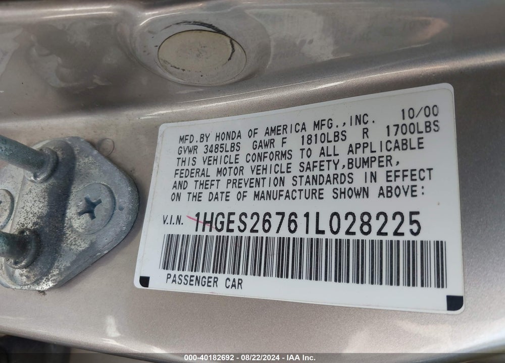 2001 HONDA CIVIC EX VIN: 1HGES26761L028225