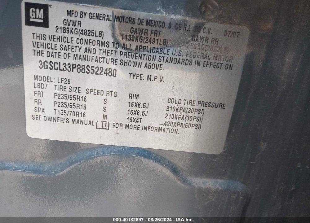 2008 SATURN VUE 4-CYL XE VIN: 3GSCL33P88S522480