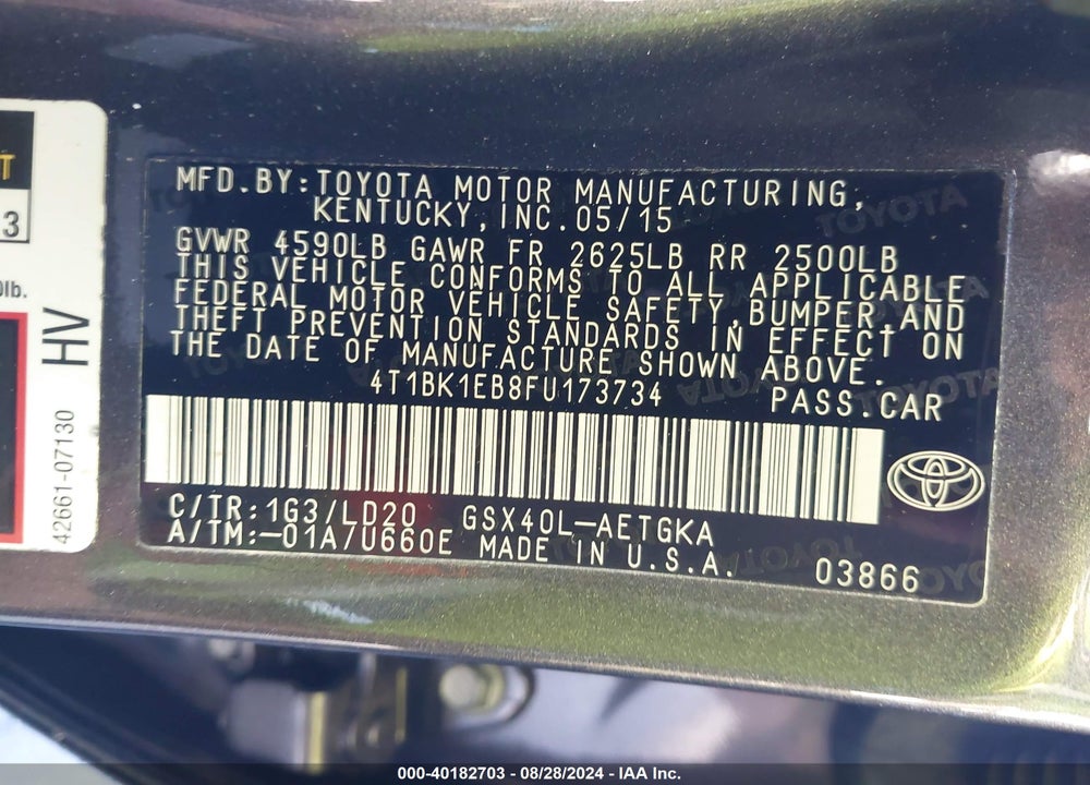 2015 TOYOTA AVALON XLE VIN: 4T1BK1EB8FU173734