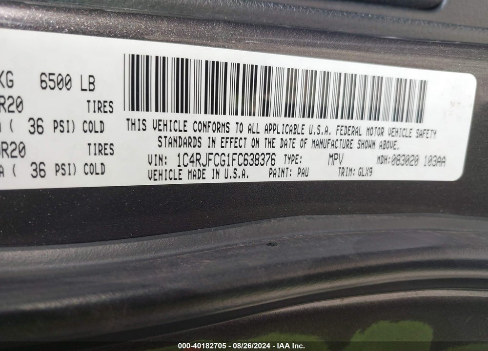 2015 JEEP GRAND CHEROKEE OVERLAND VIN: 1C4RJFCG1FC638376