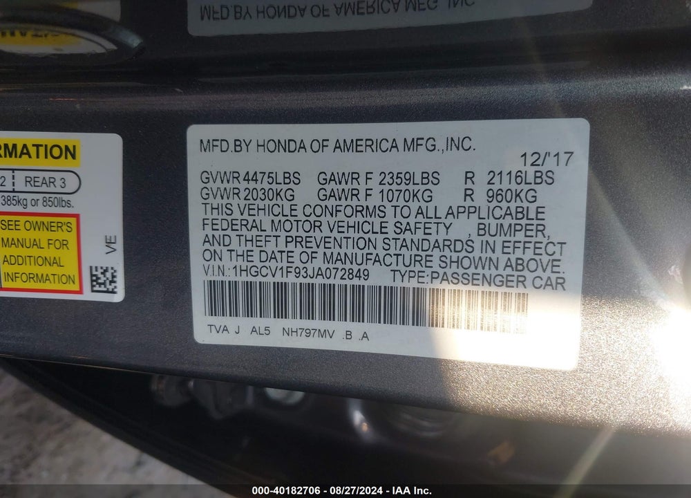 2018 HONDA ACCORD TOURING VIN: 1HGCV1F93JA072849