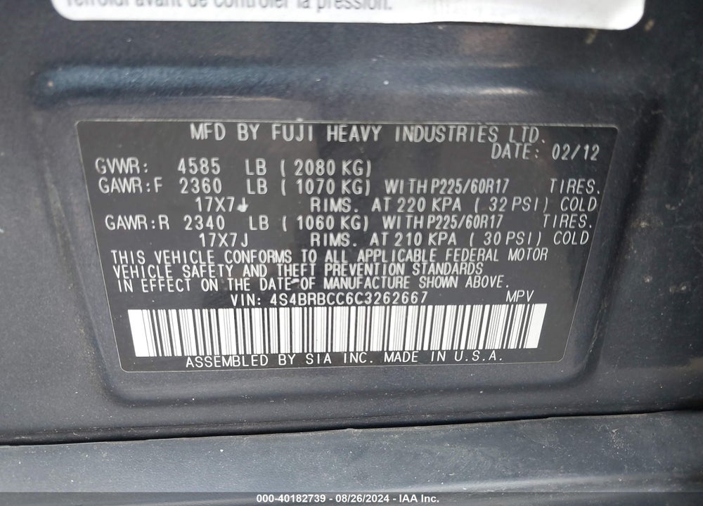 2012 SUBARU OUTBACK 2.5I PREMIUM VIN: 4S4BRBCC6C3262667