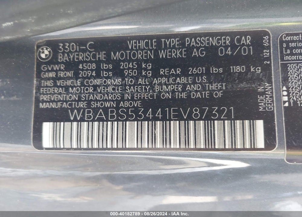 2001 BMW 330CI VIN: WBABS53441EV87321