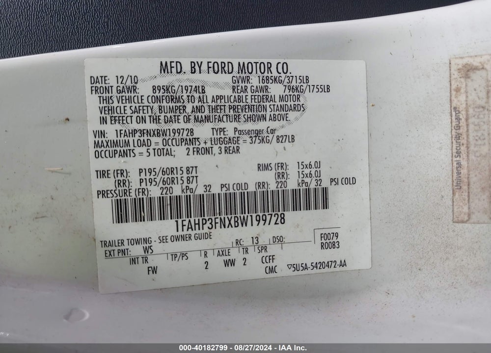 2011 FORD FOCUS SE VIN: 1FAHP3FNXBW199728