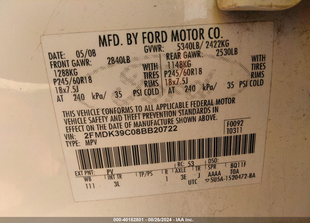 2008 FORD EDGE LIMITED VIN: 2FMDK39C08BB20722