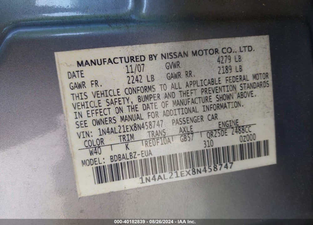 2008 NISSAN ALTIMA 2.5 S VIN: 1N4AL21EX8N458747