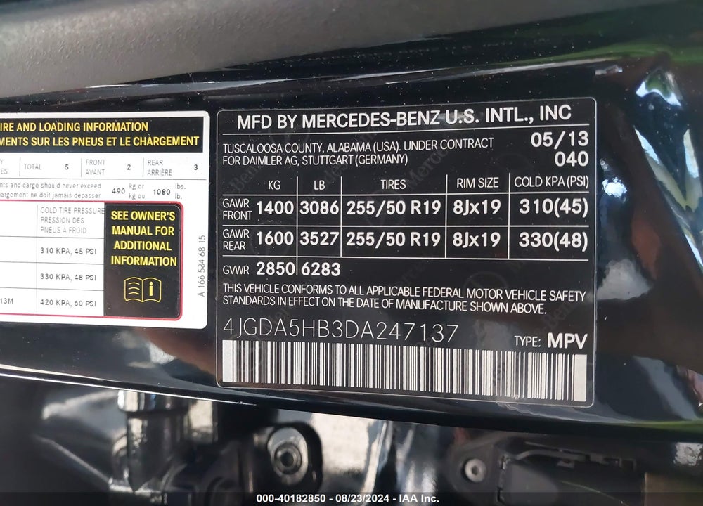 2013 MERCEDES-BENZ ML 350 4MATIC VIN: 4JGDA5HB3DA247137