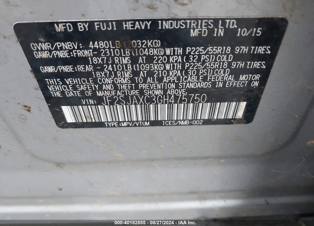 2016 SUBARU FORESTER VIN: JF2SJAXC3GH475750