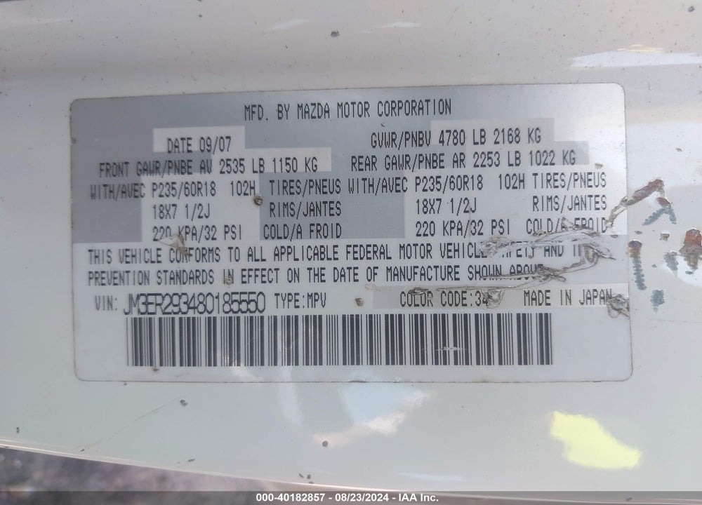 2008 MAZDA CX-7 SPORT VIN: JM3ER293480185550