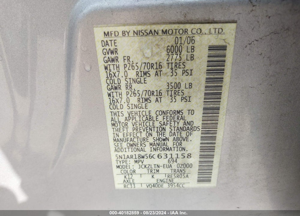 2006 NISSAN PATHFINDER SE VIN: 5N1AR18W56C631158