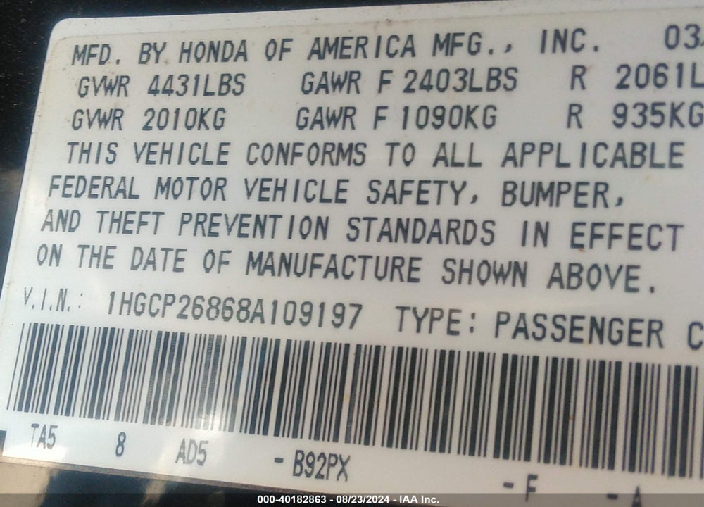 2008 HONDA ACCORD 2.4 EX-L VIN: 1HGCP26868A109197