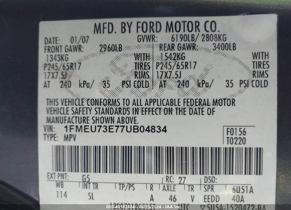 2007 FORD EXPLORER XLT VIN: 1FMEU73E77UB04834
