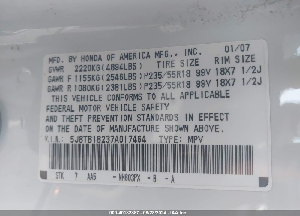2007 ACURA RDX VIN: 5J8TB18237A017464