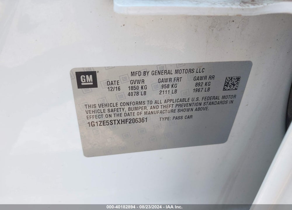 2017 CHEVROLET MALIBU 1LT VIN: 1G1ZE5STXHF206361