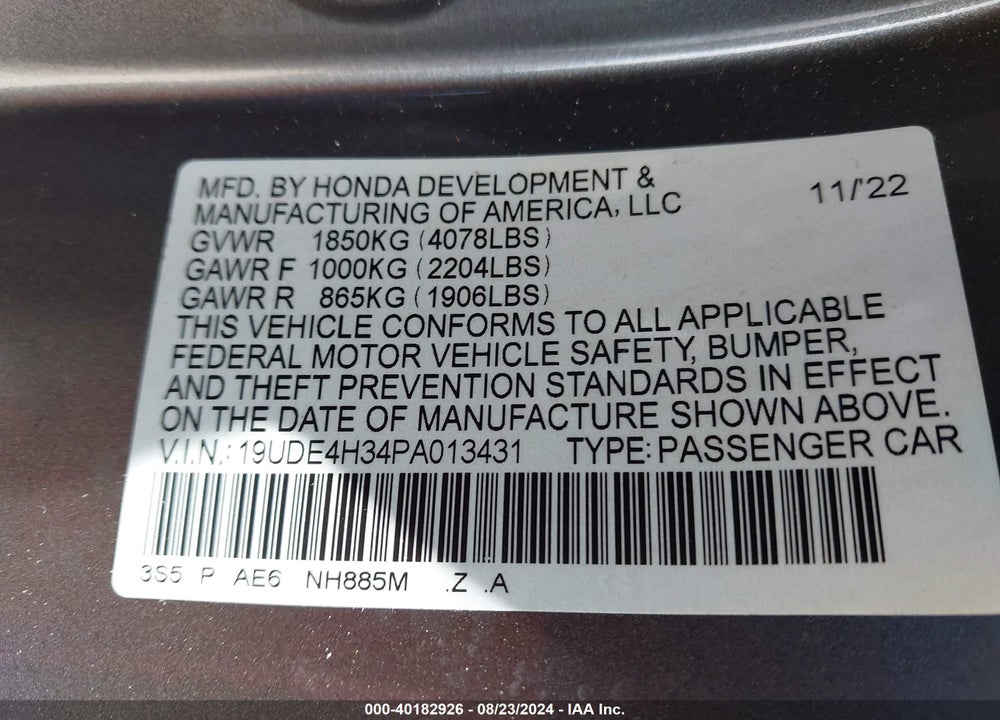 2023 ACURA INTEGRA A-SPEC VIN: 19UDE4H34PA013431