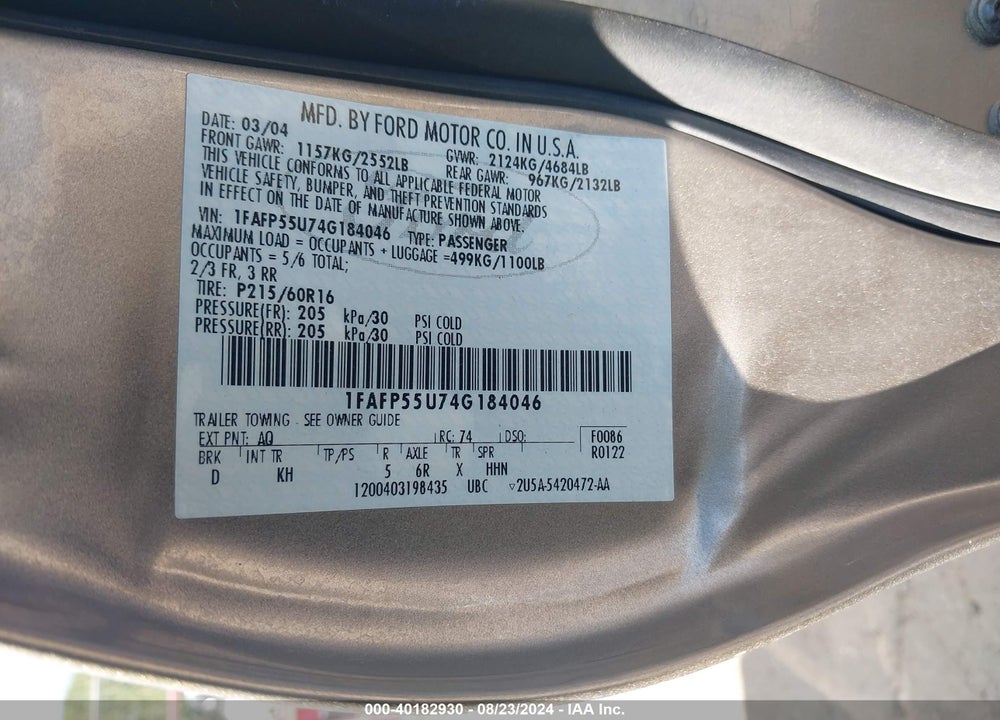 2004 FORD TAURUS SES VIN: 1FAFP55U74G184046