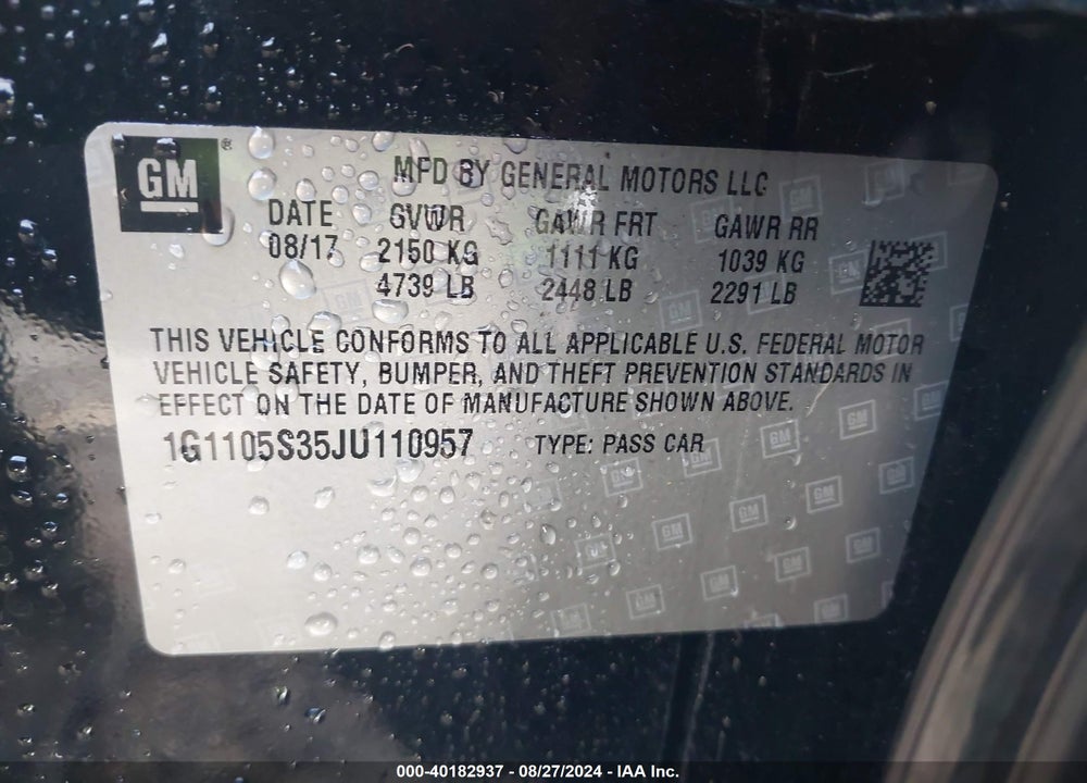 2018 CHEVROLET IMPALA 1LT VIN: 1G1105S35JU110957