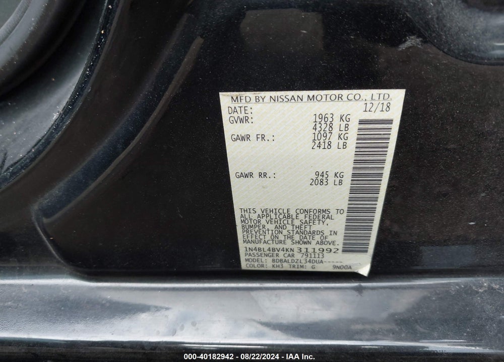 2019 NISSAN ALTIMA VIN: 1N4BL4BV4KN311992