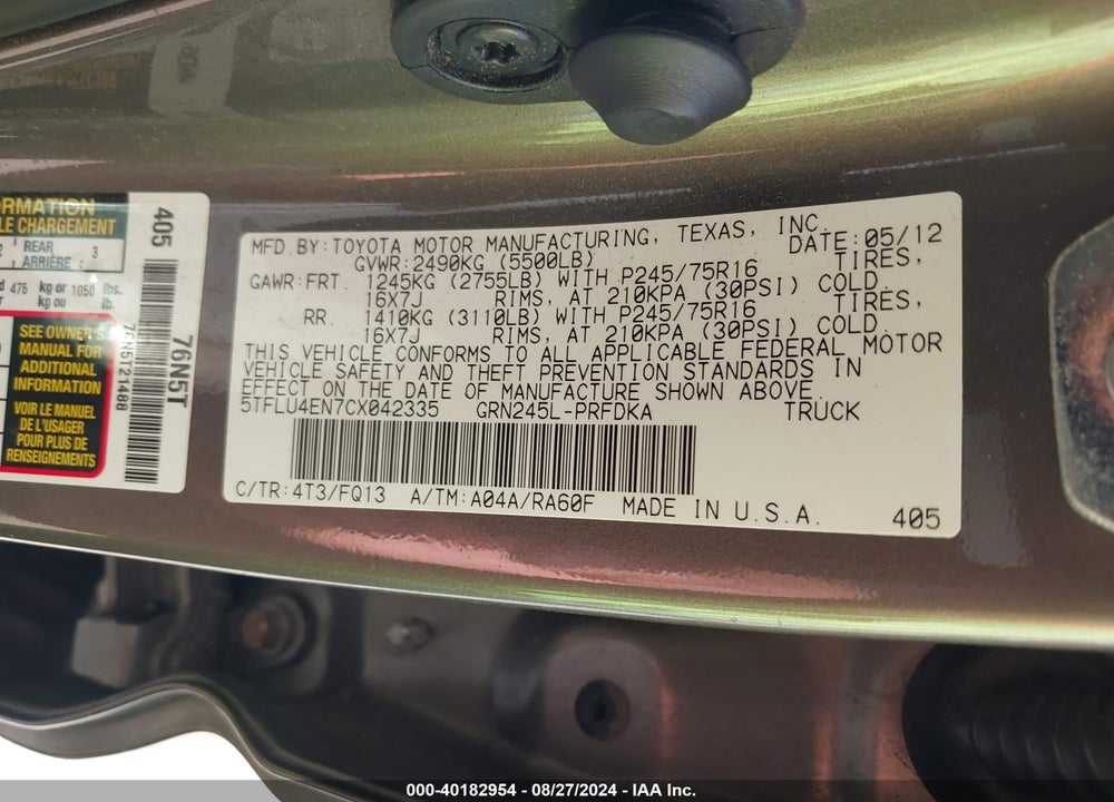 2012 TOYOTA TACOMA BASE V6 VIN: 5TFLU4EN7CX042335
