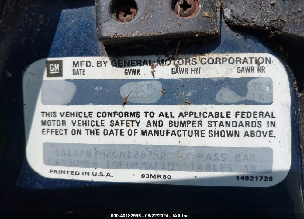 1982 CHEVROLET CAMARO VIN: 1G1AP87H2CN128752