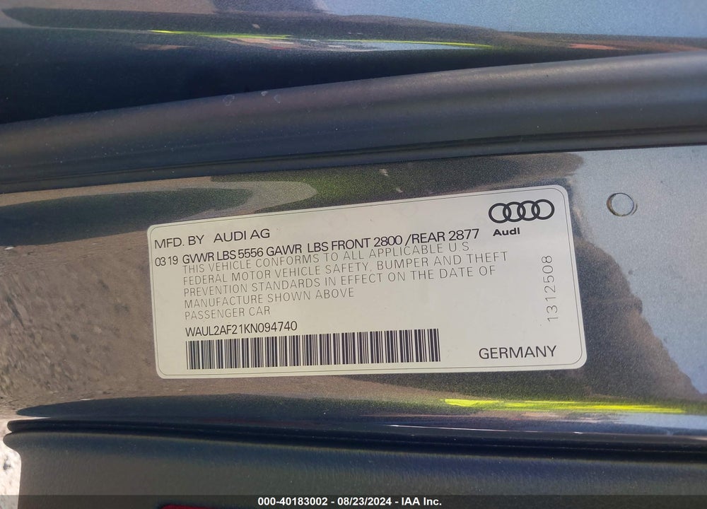2019 AUDI A6 55 PREMIUM VIN: WAUL2AF21KN094740