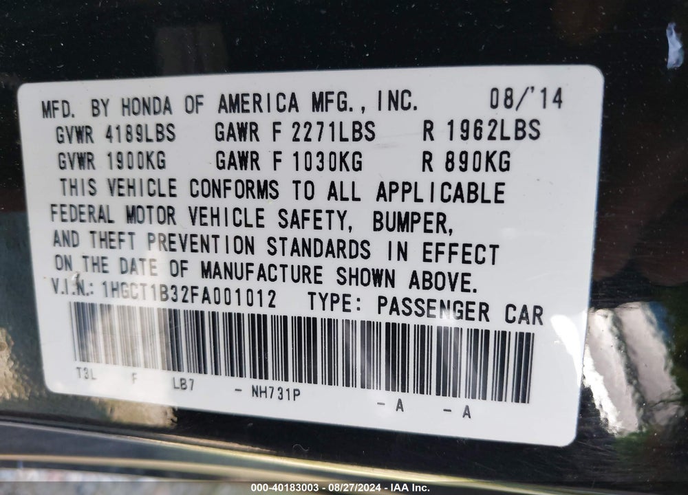 2015 HONDA ACCORD VIN: 1HGCT1B32FA001012