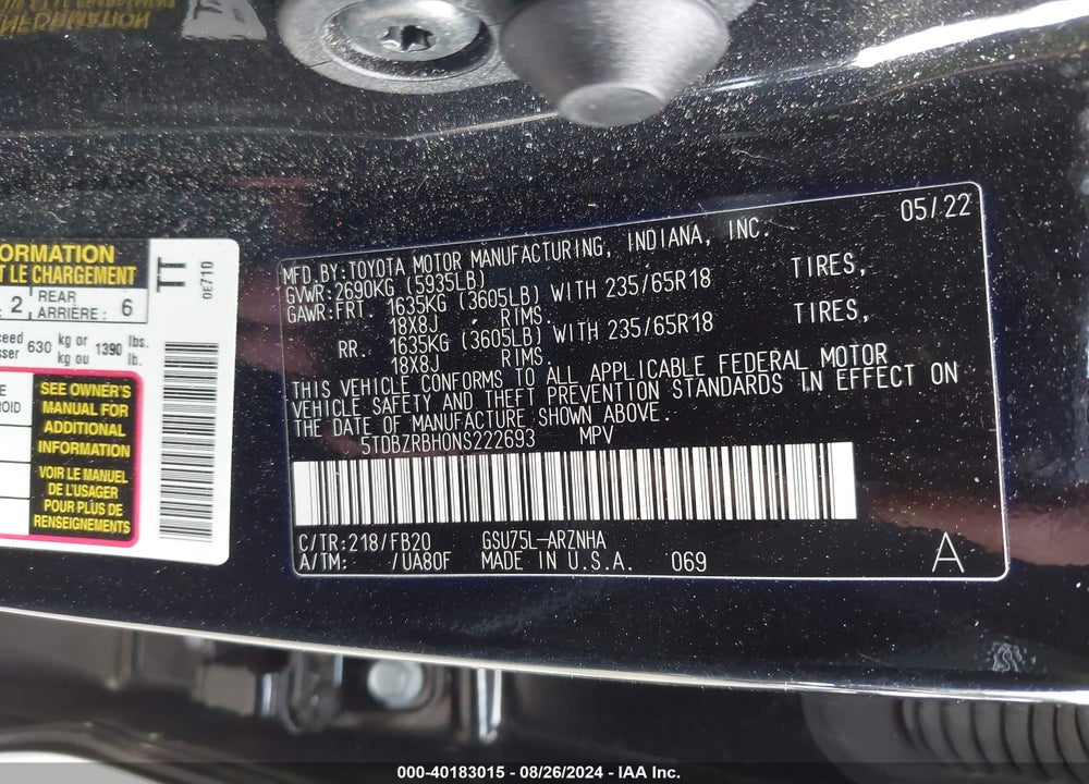 2022 TOYOTA HIGHLANDER LE VIN: 5TDBZRBH0NS222693